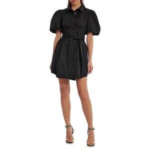 Avec Les Filles Black Mini Shirt Dress Puff Sleeves Fit& Flare Collared Size M